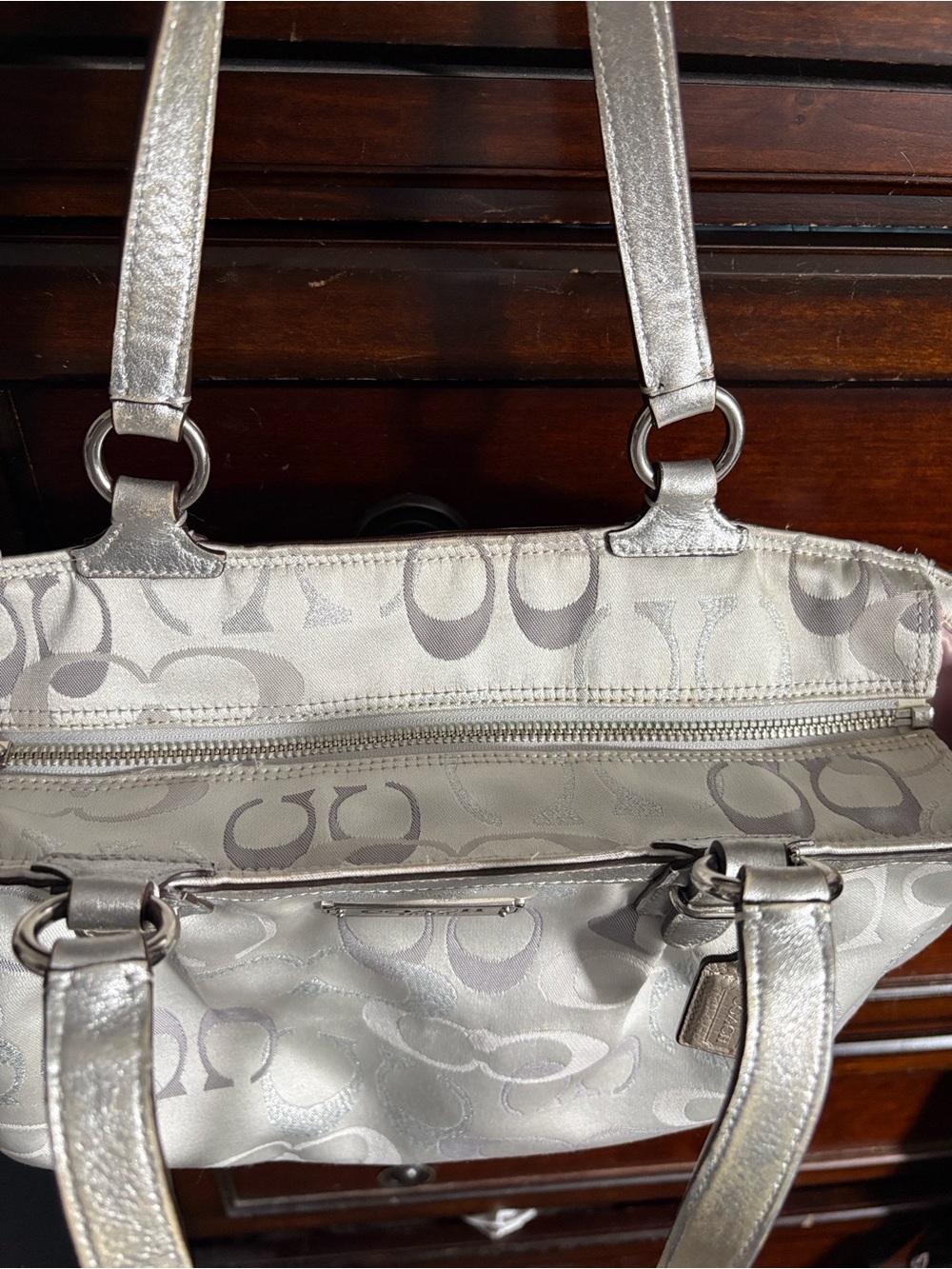 Beautiful Coach Silver and Light Gray Signature Tote with Metallic Trim - Picture 5 of 9